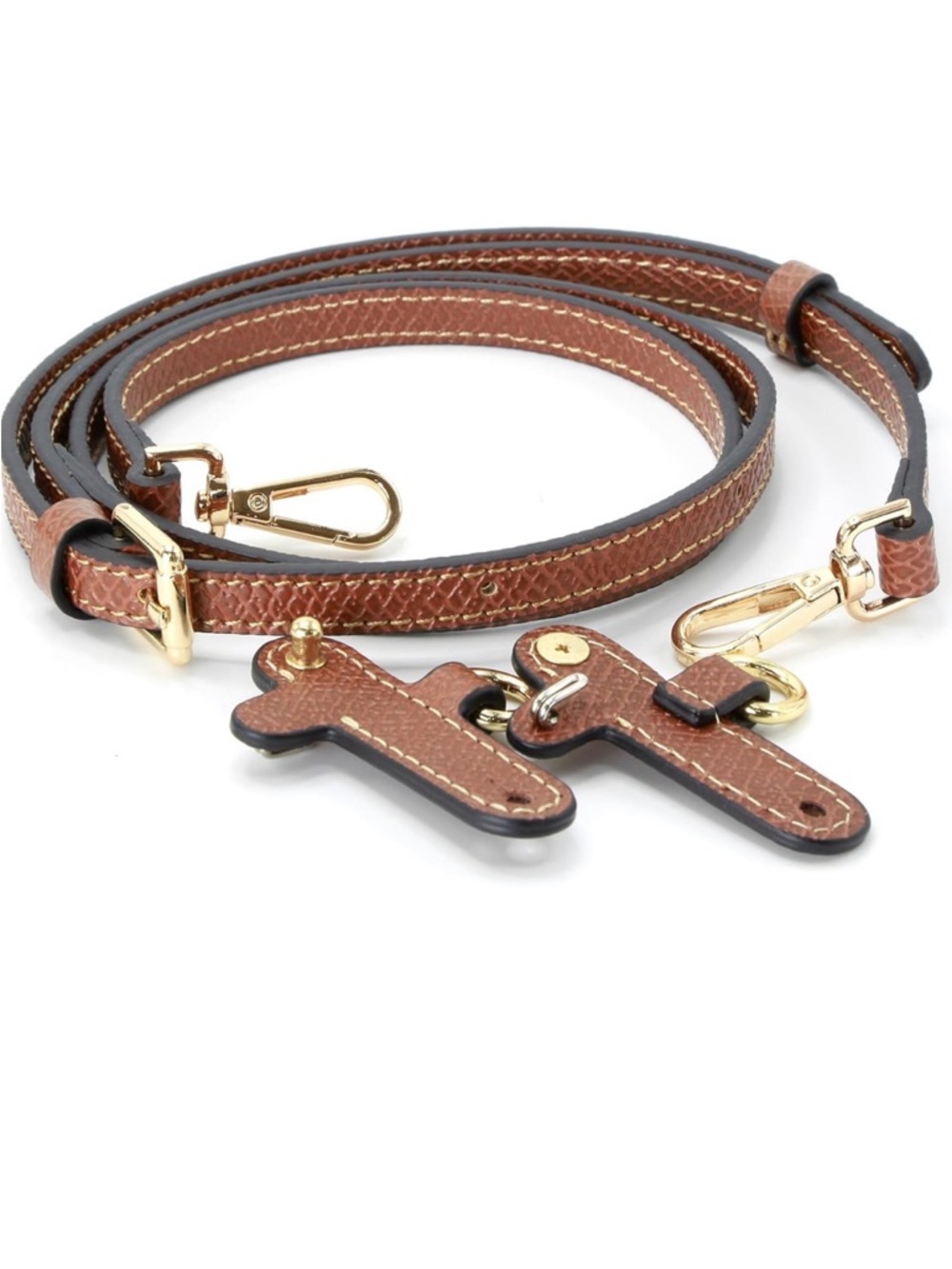 Brown Leather Crossbody Strap with Gold Hardware For Mini Longchamp or Other